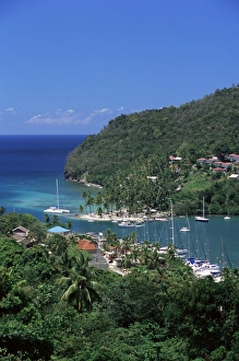Saint Lucia Prints: Elevated view over Marigot Bay, St