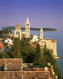Elevated view of the medieval Rab Bell Towers and town, Rab Town, Rab Island Elevated view of the medieval Rab Bell Towers and town, Rab Town, Rab Island
