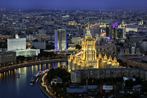 Embankment Prints: Elevated view over the Moskva River embankment, Ukraine Hotel and the Russian White House