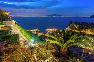 City Lights Prints: Elevated view of Mount Vesuvius and Sorrento at dusk
