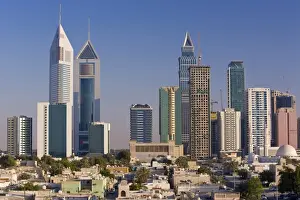 Elevated view of the new Dubai skyline of modern architecture