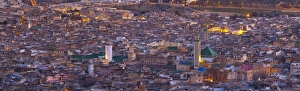 Elevated view across the Old Medina of Fes illuminated at dusk, UNESCO World Heritage Site, Fes, Morocco, North Africa, Africa