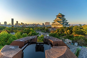 Chuo Prints: Elevated view of Osaka Castle (Osaka-jo) at sunset, Chuo Ward, Osaka, Honshu, Japan