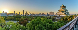 Chuo Prints: Elevated view of Osaka Castle (Osaka-jo) at sunset, Chuo Ward, Osaka, Honshu, Japan