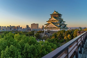 Chuo Prints: Elevated view of Osaka Castle (Osaka-jo) at sunset, Chuo Ward, Osaka, Honshu, Japan
