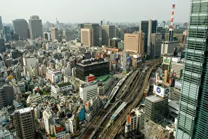 Bustling Prints: Elevated view from the Park Hotel Tokyo on the Shinbashi district in Minato, Tokyo, Japan