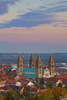Pecs Prints: Elevated view over the Pecs Cathedral at sunset, Pecs, Hungary, Europe