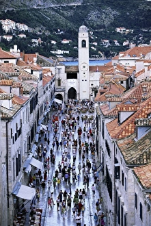 Elevated view along the pedestrian street of Placa to the clock tower, Dubrovnik