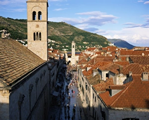 Placa Prints: Elevated view along the pedestrian street of Placa to the clock tower