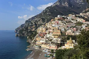 Campania Prints: Elevated view of Positano beach and cliffs, Costiera Amalfitana (Amalfi Coast), UNESCO