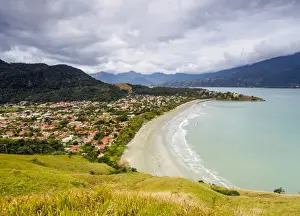 State Of Sao Paulo Prints: Elevated view of the Praia Barequecaba with Ilhabela Island in the background