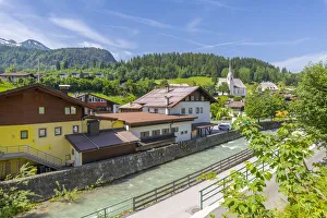 Tyrol Prints: Elevated view of river through Fieberbrunn, Fieberbrunn, Austrian Alps, Tyrol, Austria