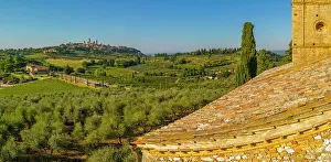 San Gimignano Prints: Elevated view of San Gimignano and town at sunset, San Gimignano, Tuscany, Italy, Europe