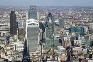 Commercialism Prints: Elevated view of skyscrapers in the City of Londons financial district