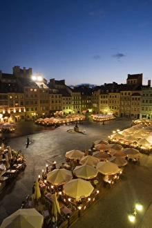 Elevated view over the square and outdoor restaurants