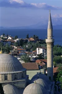 Lycia Prints: Elevated view of town with dome and minaret of mosque in foreground