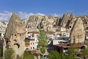 Elevated view over the town of Goreme and Tufa rock formations in Cappadocia