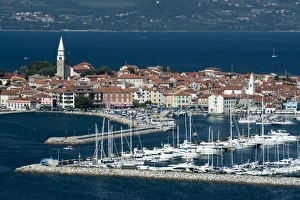 Adriatic Sea Prints: An elevated view of the town of Isola overlooking Adriatic Sea, Isola, Slovenia, Europe