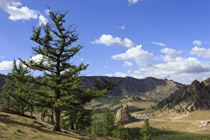 Central Mongolia Prints: Elevated view towards Turtle Rock and distant mountains, busy with visitors in summer