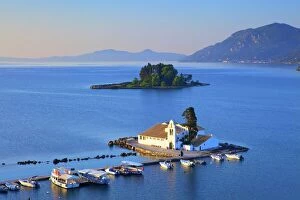 Jetty Gallery: Elevated view to Vlacherna Monastery and the Church of Pantokrator on Mouse Island