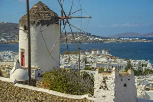 Windmills Prints: Elevated view of windmills and town, Mykonos Town, Mykonos, Cyclades Islands