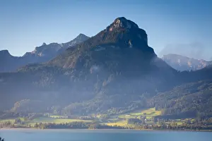 Upper Austria Prints: Elevated view over Wolfgangsee lake and rural landscape at sunrise