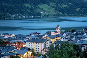 Lakeside Prints: Elevated view of Zell am See and Lake Zell at dusk, Zell am See, Salzburg, Austria, Europe