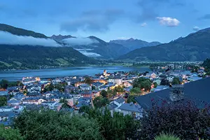 Hour Prints: Elevated view of Zell am See and Lake Zell at dusk, Zell am See, Salzburg, Austria, Europe