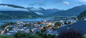 Hour Prints: Elevated view of Zell am See and Lake Zell at dusk, Zell am See, Salzburg, Austria, Europe