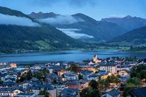 Foothills Prints: Elevated view of Zell am See and Lake Zell at dusk, Zell am See, Salzburg, Austria, Europe