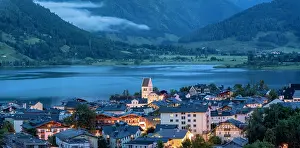 Hour Prints: Elevated view of Zell am See and Lake Zell at dusk, Zell am See, Salzburg, Austria, Europe
