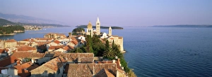 Elevatred view of medieval Rab Bell Towers and town, Rab Town, Rab Island