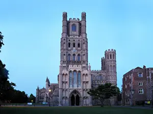 Cambridgeshire Prints: Ely Cathedral stands strong at dusk with its towers and walls in Ely Cambridgeshire