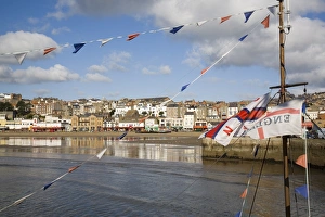 Scarborough Prints: England flag on boat mast in South Bay, with South Sands beach and seafront beyond