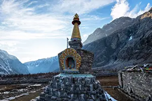 Enlightenment Stupa in a high Himalayan valley of Lang Tang Trek, Himalayas, Nepal, Asia