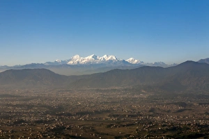 Kathmandu Valley Prints: The entire Kathmandu Valley and city with a backdrop of the Himalayas, Nepal, Asia