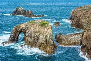 Enys Dodnan and the Armed Knight rock formations at Lands End, Cornwall, England