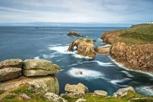 Natural Arch Prints: Enys Dodnan and the Armed Knight rock formations at Lands End, Cornwall, England