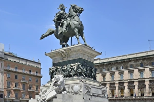 Milan Prints: Equestrian statue of Victor Emmanuel II, Piazza del Duomo, Milan, Lombardy, Italy, Europe