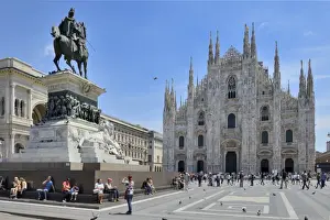 Duomo Prints: Equestrian statue of Victor Emmanuel II and Milan Cathedral (Duomo), Piazza del Duomo