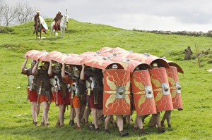 Carrying Prints: Ermine Street Guard advancing with protective shields, cavalry in attendance
