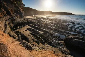 Eroded Prints: Eroded cliffs and rock pools at low tide in a coastal landscape in New Zealand