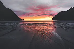 Senja Prints: Empty Ersfjord beach against the cloudy sky and midnight sun, Senja island, Troms county