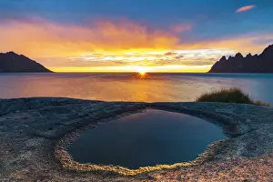 Tungeneset Prints: Ersfjord and Steinfjord fjords lit by midnight sun from rock formation at Tungeneset