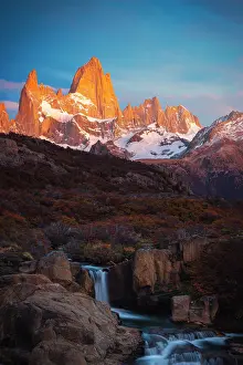 Waterfalls Prints: Escondida waterfall and Fitz Roy mountain in the background during sunrise