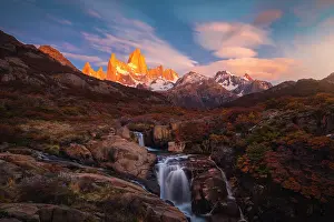 Mountainous Prints: Escondida waterfall and Fitz Roy mountain in the background during sunrise