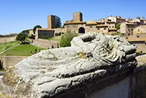 Etrsuscan sarcophagus and view of Tuscania, Tuscania, Viterbo, Lazio, Italy, Europe