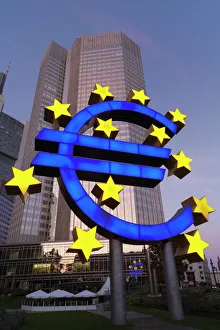 Glowing Prints: Euro symbol in front of the European Central Bank, Frankfurt, Hesse, Germany, Europe