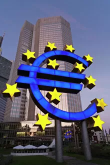Typically German Gallery: Euro symbol in front of the European Central Bank, Frankfurt, Hesse, Germany, Europe