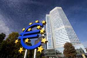 Corporate Business Prints: Euro Tower, home of European Central Bank, and Euro Symbol, Willy Brandt Platz